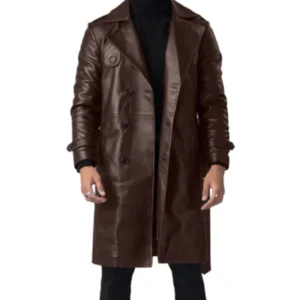 Mens Brown Leather Double Breasted Coat