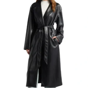 Womens Black Leather Trench Coat With Lapel Collar