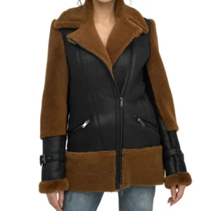 Womens Brown Shearling Aviator Pilot Jacket