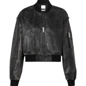 Womens Distressed Cropped Bomber Leather Jacket