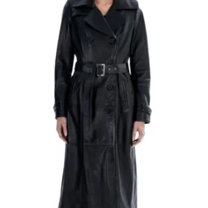 Womens Double-Breasted Leather Black Trench Coat