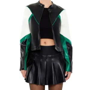 Women’s Green And Black Cropped Leather Biker Jacket
