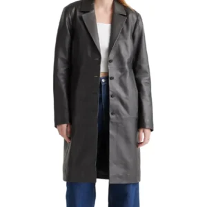 Womens Long Black Leather Buttoned Trench Coat